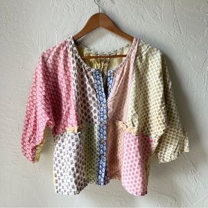 Sacred Threads Indian Cotton Patchwork Block Print Blouse Button Shirt